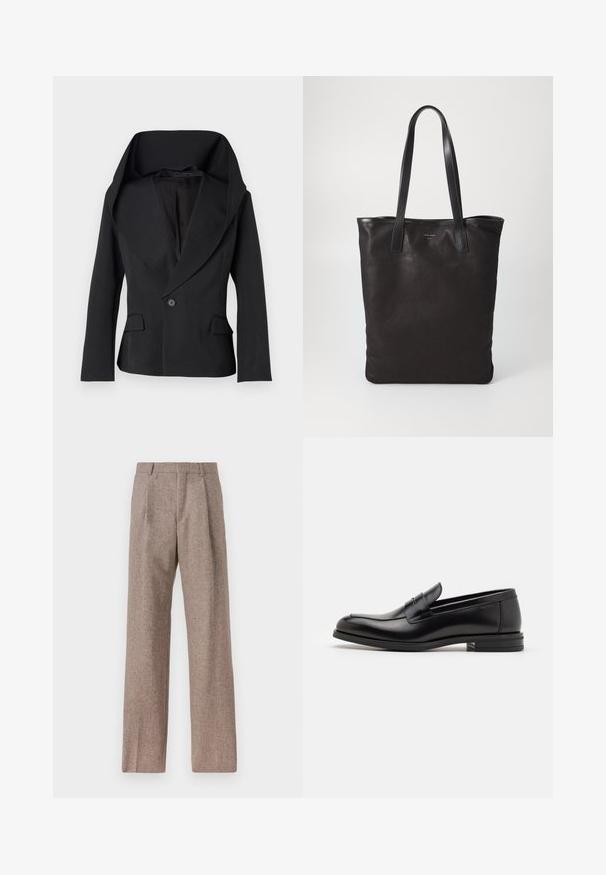 Crni sako s velikim, naboranim ovratnikom, zatvaranjem na jedan gumb i dva prednja džepa. Ima prilagođen kroj i glatku teksturu tkanine.; Bijela košulja s dugim rukavima na dugme, izrađena od pamuka, s džepom na prsima s ton-sur-ton vezom, ovratnikom i dugmadi na manžetama.; Smeđe, hlače viskog struka od teksturiranog materijala. Imaju široke nogavice i dva prednja pregiba za strukturu. Uređen završetak bez vidljivih metalnih dijelova.; Crni kožni mokasini s glatkom teksturom, zaobljenim prstima i ukrasnom trakom preko prednjeg dijela. Niski slojeviti potplat, minimalistički dizajn.; Crna platnena torba s crnim kožnim ručkama. Jednostavan dizajn, prostrano tijelo i glatka tekstura. Bez vidljivih logotipa ili uzoraka.