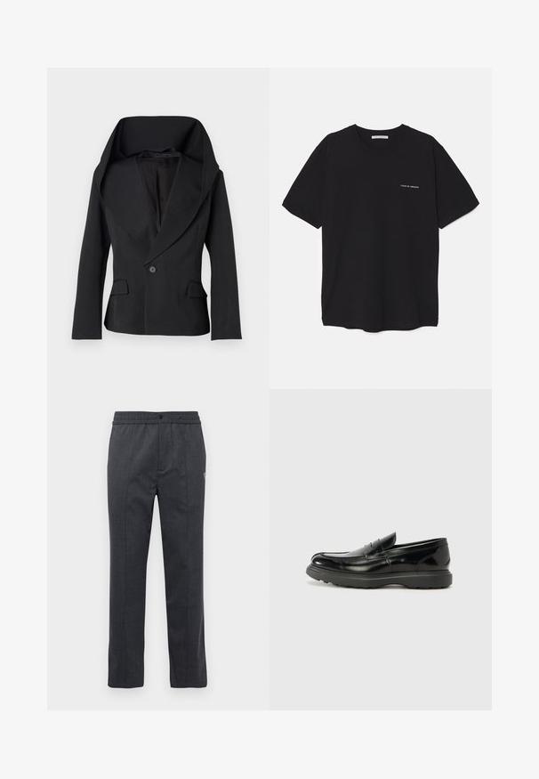 Čierny blazer s veľkým, prehodeným golierom, jedným gombíkom na zapínanie a dvoma prednými vreckami. Má priliehavý strih a hladkú textúru látky.; Čierne bavlnené tričko s okrúhlym výstrihom, krátkymi rukávmi a bielou potlačou loga na ľavej hrudi. Jednoduchý, jednoliaty dizajn.; Tmavošedé nohavice rovného strihu s elastickým pásom, predným zapínaním na gombík a jemným vyšívaním na pravej strane.; Čierne kožené mokasíny s lesklým povrchom, okrúhlou špicou, subtilnými švami a hrubou gumovou podrážkou pre zvýšenú odolnosť.