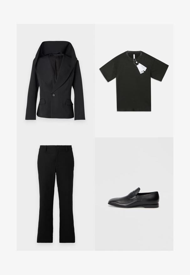 Black blazer with a large, draped collar, single button closure, and two front pockets. Features tailored fit and smooth fabric texture.; Black short-sleeve cotton T-shirt with round neck and attached white product tags hanging from the collar on a plain white background.; Black flared trousers made of cotton blend fabric, featuring a button closure, belt loops, and a smooth texture with no visible patterns.; Black leather slip-on shoe with a pointed toe, smooth texture, and subtle branding on the side. Low heel with a clean, minimal design.
