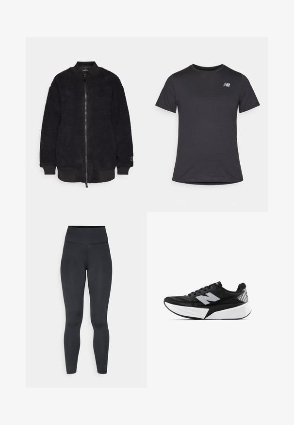 Schwarze Bomberjacke aus strukturiertem Fleece mit gerippten Bündchen und Saum. Verfügt über einen Frontreißverschluss und ein Logo am Ärmel.; Schwarzes Kurzarm-T-Shirt aus weichem Stoff, mit einem kleinen grauen New Balance-Logo auf der linken oberen Brust, klassisches Rundhals-Design.; Hoch geschnittene schwarze Leggings aus dehnbarem Material, mit glatter Textur und enganliegendem Design, minimalen Nähten.; Schwarzer und weißer New Balance Laufschuh mit dicker Sohle, Mesh-Obermaterial und "N"-Logo an der Seite, von der Außenseite betrachtet.
