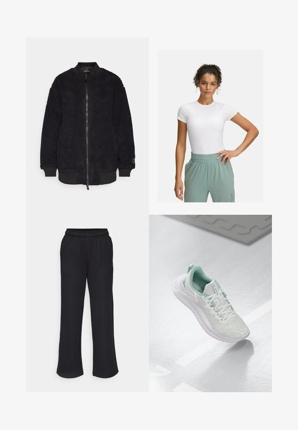 Sort bomberjakke lavet af tekstureret fleece med ribbede manchetter og søm. Har en frontlynlås og et logo på ærmet.; Hvid tætsiddende t-shirt med korte ærmer, parret med lys grønne bukser med elastisk talje. Glat tekstur, minimalistisk design og ingen synlige mønstre.; Sorte sweatpants med en flagrende pasform, elastisk talje og sidelommer. Lavet af blødt stof uden synlige mønstre eller accenter.; Lys grå sportsko med en struktureret strikket overdel, mintgrønne accenter, hvide snørebånd, gummisål og en løkke ved hælen.