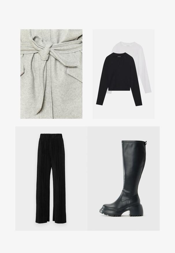 Pilka veltinė chalatė su juosmens diržu, pasižyminti sklandžia tekstūra ir dviem priekiniais kišenėmis. Paprastas apykaklė ir švarūs kraštai pagerina jos dizainą.; Du dušo ilgomis rankovėmis marškiniai: vieni juodi, kiti balti. Abu marškiniai turi apvalų iškirpimą, raglan tipo rankoves ir minkštą medvilnės mišinio audinį.; Juodi plisuoti kelnės su elastine juosta. Turėkite plačias kojas ir glotnų, tekstūrinį audinį su vertikaliais dryžiais.; Ilgas juodos odinės batai su masyvi platforma ir stačiakampiu kulnu, turintys traukimo kilpą ir tekstūruotą pado raštą.