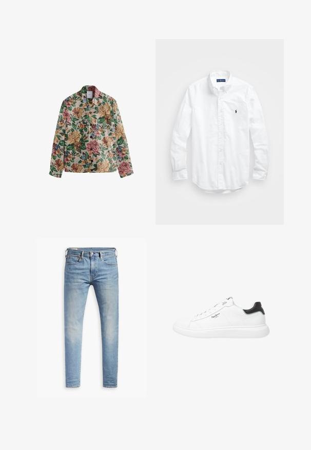 Next REGULAR FIT - Let jakke / Sommerjakker - ecru cream; Hvid langærmet skjorte i bomuld. Har en klassisk krave, knapmanchetter og et lille marineblåt broderet logo på brystet.; Lyseblå slim-fit jeans med let slid på lårene, frontlukning med knap, bæltestropper og fem lomme-design på en hvid baggrund.; Hvide lavtopped sneakers lavet af læder med en glat finish, der har sorte hælindlæg, runde snørebånd og diskret sidesøm.