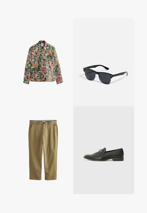Next REGULAR FIT - Summer jacket - ecru cream; Cream-colored short-sleeve t-shirt featuring a subtle striped texture and a round neckline, made from lightweight fabric.; Khaki chinos made of cotton blend, featuring two side pockets, a button closure, straight legs, and a smooth texture.; Black leather loafer with a smooth finish, featuring a stitched design and a decorative metal chain accent across the vamp. Flat heel.; Black sunglasses with a rectangular shape, dark lenses, silver accents at the temples, and a matte finish on the frame.