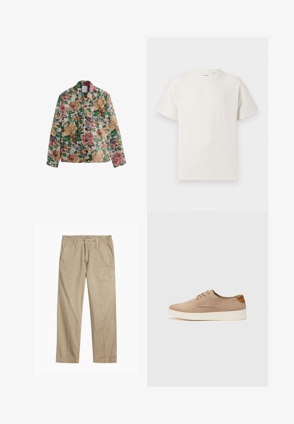 Next REGULAR FIT - Summer jacket - ecru cream; White short-sleeve T-shirt in a ribbed texture. Round neckline, relaxed fit, no visible patterns or accents. Simple and versatile design.; Beige straight-leg chinos with belt loops, front button and zipper closure, and slant front pockets.; Beige suede sneakers with a rounded toe, lace-up front, and a textured back accent. White rubber sole provides contrast. Simple and modern design.