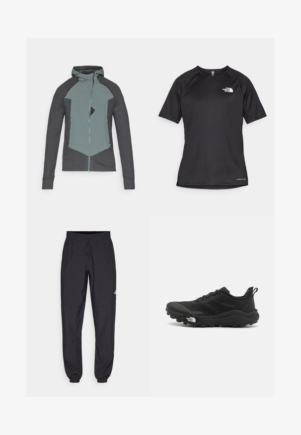 Grå og teal hybridjakke med glidelås foran, hette, geometrisk fargeblokkdesign, teksturerte ermer og kontrasterende stoffpaneler.; Svart kortermet treningstrøye med strukturert stoff, med en hvit logo på venstre bryst og rett kant.; Sorte idrettsbukser laget av lett stoff, med snor i livet, sidelommer og smale mansjetter ved anklene.; Svart terrengløpesko med teksturert overdel, gummisåle og forsterket tåhette. Har polstret krage og løftestropp for enkel påkledning.