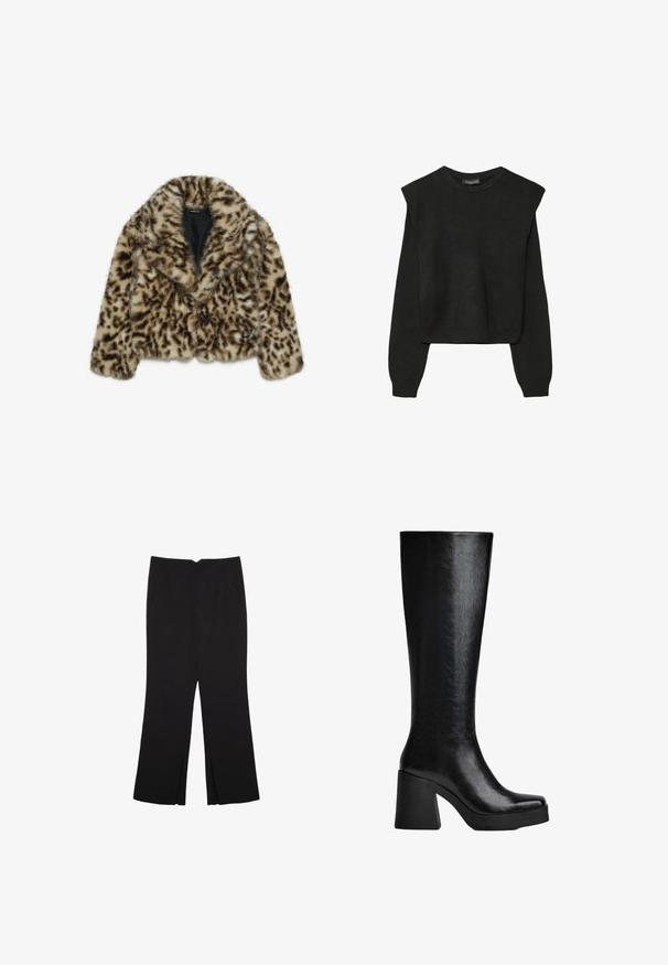 Jakna od umjetnog krzna s toksom u leopard uzorku, krojena u kratkom dizajnu, sa širokim reverima i mekom teksturom. Ima tamnosmeđe točke na bež pozadini.; Crna pletena dugoslojna majica sa podloženim ramenima i rebrastim manžetama i rubom, prikazana na bijeloj pozadini.; Crne hlače ravnog kroja, s prednjim džepovima i bočnim prorezima na rubu. Izrađene od mekog i glatkog materijala. Pogodne za razne prigode.; Crna čizma do koljena izrađena od teksturiranog sintetičkog materijala, s četvrtastim vrhom, debelim visokim potplatom i glatkom, sjajnom površinom.