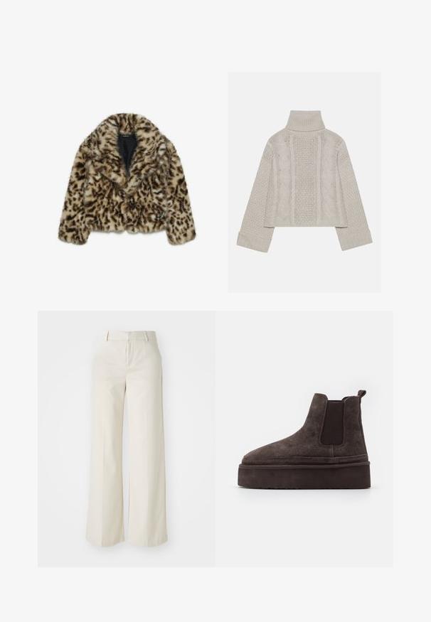 Jakke i leopardpletteret faux fur med et cropped design, brede klapper og blød tekstur. Har mørkebrune pletter på en tan baggrund.; Afskåret, lysegrå striktrøje med højt krave og ribbede manchetter, prydet med teksturerede kabelmønstre ned ad ryggen og siderne.; Bredde ben-bukser i en lys beige farve, lavet af et glat stof. Har en klassisk talje og flad front med rene linjer.; Brune ruskinds Chelsea støvler med elastiske sidepaneler og en tyk, struktureret platåsål. Har en strop bagpå til nem påtagning.