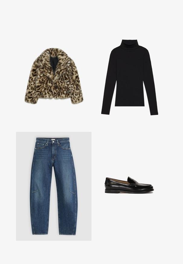 Kabát z falošnej kožušiny so leopardím vzorom, skrátený strih, široké klopy a mäkká textúra. Obsahuje tmavohnedé škvrny na pieskovom pozadí.; Čierny rolák s dlhým rukávom, vyrobený z rebrovanej tkaniny, má priliehavý strih s vysokým golierom a bez vzorov alebo akcentov.; Tmavomodré riflové nohavice so strihom rovného nohu, ktoré majú predné vrecká, kontrastné šitie a jemnú vyblednutú textúru na nohách.; Čierne kožené loafery s okrúhlou špičkou, bez zapínania, a jemnými švovými detailmi pozdĺž hornej časti. Plátená gumená podrážka.