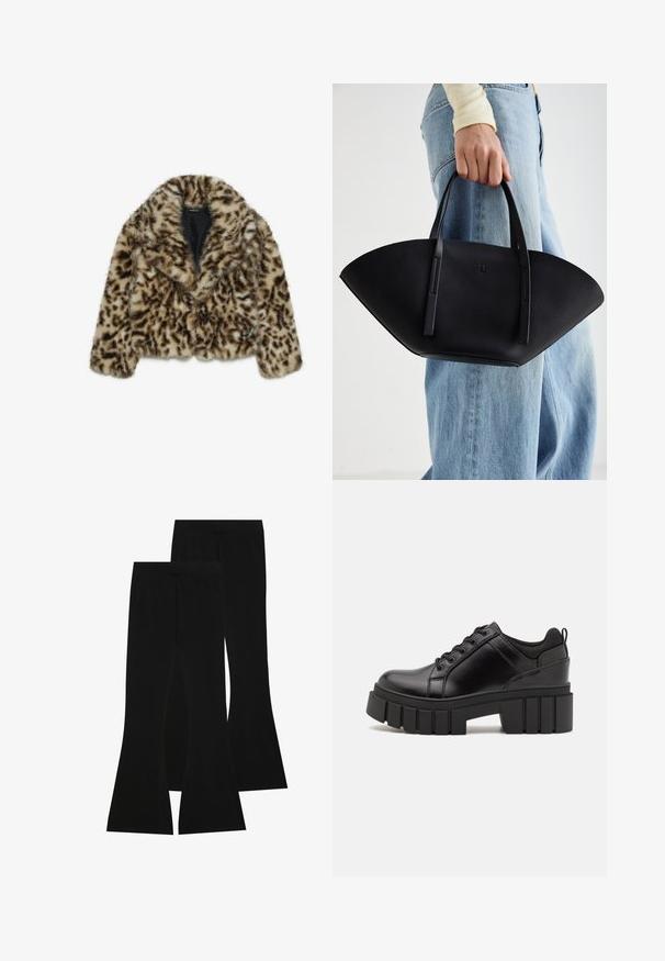 Jakke i leopardpletteret faux fur med et cropped design, brede klapper og blød tekstur. Har mørkebrune pletter på en tan baggrund.; Sort bomulds T-shirt med korte ærmer, prydet med en lille pink sommerfugl grafik på venstre bryst. Rund hals design med en afslappet pasform.; Sorte flagrende bukser lavet af strækstof, med en høj talje og en glat tekstur, i et tætsiddende design der flares ud fra knæet.; Sorte læder platform sko med en klodset blokhæl, rund tå og traditionelt snøredesign. Har en glat tekstur og minimal detaljering.; Sort læderhåndtaske med en unik vifteform, der har flade håndtag. Overfladen har en pebblelignende tekstur og et minimalistisk design.