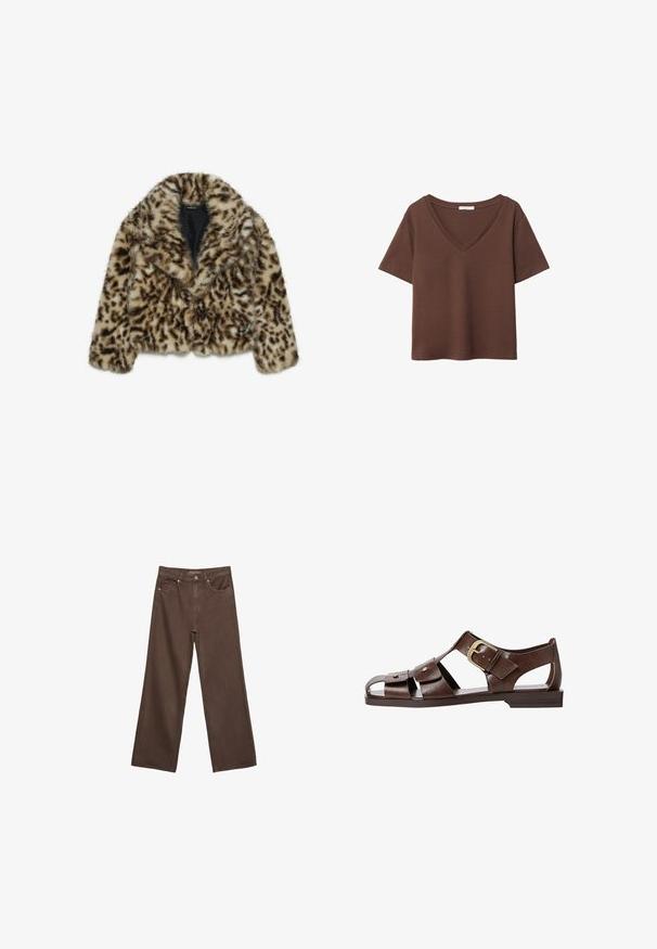 Jagodna jakna iz umetnega krzna s kratkim krojem, širokimi reverji in mehkimi teksturami. Ima temno rjave madeže na svetlo rjavi podlagi.; Rjava bombažna majica s kratkimi rokavi in globokim V-izrezom. Preprost dizajn, mehak material in raven rob. Brez vzorcev ali dekorativnih elementov.; Široke rjave kavbojke iz denima, ki imajo visok pas, sprednje žepe in klasično zapiranje na gumb. Gladka tekstura s subtilnim šivom.; Rjave usnjene sandale z izrezljanim dizajnom, nastavljivim stranskim sponko in ravnim podplatom, dekorirane z kovinskimi detajli in odprtim prstom.