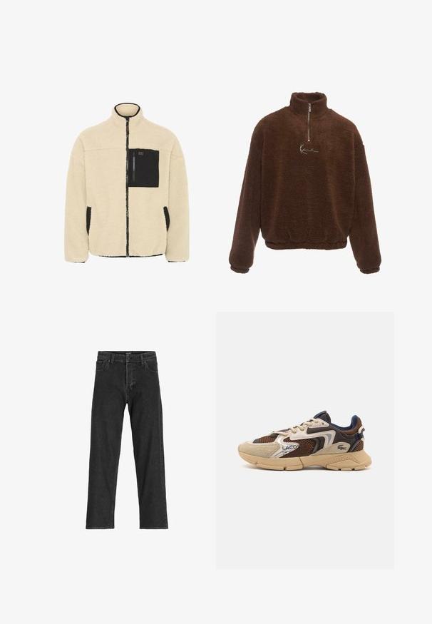 Beige fleecetröja med full dragkedja och svarta detaljer, ficka med dragkedja på bröstet och sidofickor med svarta detaljer, med ståkrage.; Brun fleecetröja med hög krage, halvdragkedja framtill och långa ärmar. Har en vit logotyp på bröstet. Mjukt, texturerat tyg.; Svarta denimjeans med rak passform, featuring dragkedja, bälteslöljer och sex fickor, tillverkade av en kraftig bomullsblandning.; Beige och bruna sneakers med texturerade meshpaneler, mockadetaljer och gummisulor. Har snörningsdesign och varumärkesdetaljer.