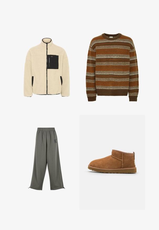 Beige full-zip fleece jacket with black trim, chest zip pocket, and black-trimmed side pockets, featuring a stand-up collar.; Solid SDMAXWELL - Jumper - slate black; Karl Kani KK OS SIDESTRIPE - Trousers - grey; Tan suede ankle boot with a rounded toe, subtle stitching details, and a textured rubber sole. Short height without laces.