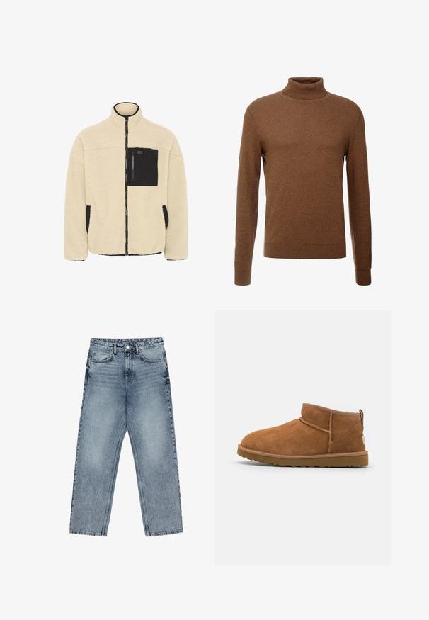 Beige full-zip fleece jacket with black trim, chest zip pocket, and black-trimmed side pockets, featuring a stand-up collar.; Brown turtleneck sweater made of soft fabric, featuring long sleeves, ribbed cuffs, and a fitted design with no visible patterns.; Light blue denim jeans with a straight leg cut, visible stitching, five pocket design, and a button closure at the waist.; Tan suede ankle boot with a rounded toe, subtle stitching details, and a textured rubber sole. Short height without laces.