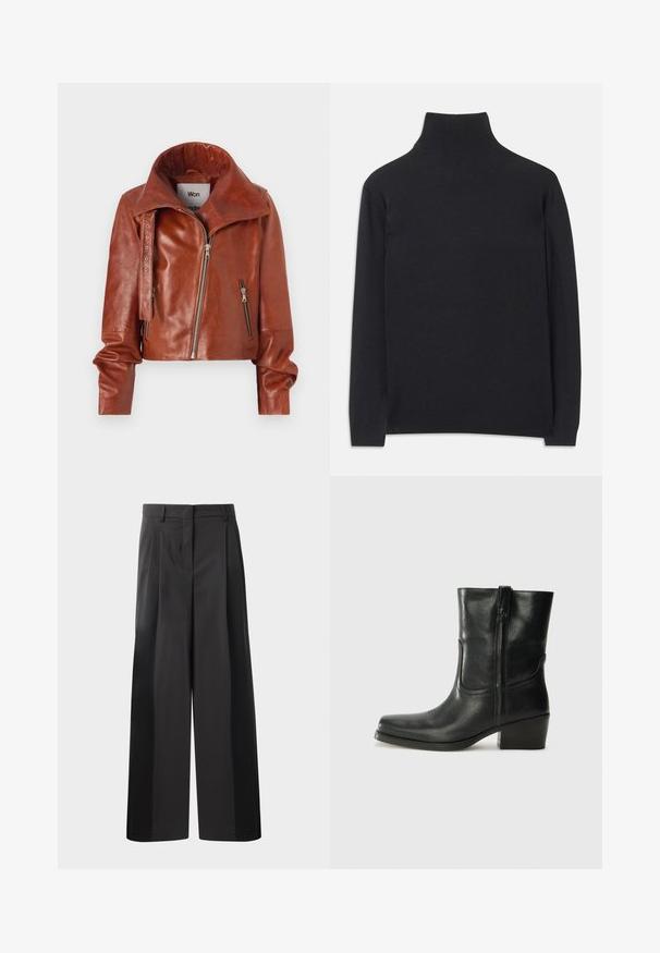 Hnedá kožená skrátená bunda s vysokým golierom, so zipsovými uzávermi a zakriveným dizajnom. Hladká textura s akcentovanými kovovými detailmi.; Čierny rolák z mäkkej tkaniny. Má dlhé rukávy, vysoký golier a rebrované manžety a lem pre priliehavý vzhľad.; Čierne široké nohavice s vysokým pásom, so záhybmi vpredu, hladkou textúrou a prispôsobeným strihom. Navrhnuté pre uvoľnený strih.; Čierne kožené členkové topánky s okrúhlou špičkou, blokovým podpätkom, bočným zipsom a prešívaním na priehlavku. Hladká textúra, klasický dizajn.