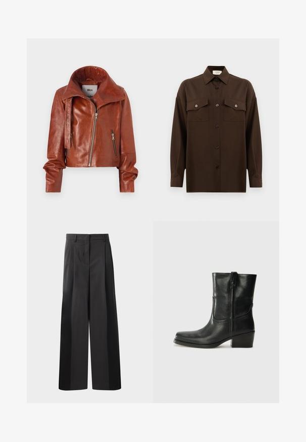Braune Leder-Shortjacke mit hohem Kragen, ausgestattet mit Reißverschluss und einer geschwungenen Form. Glatte Textur mit auffälligen Hardware-Details.; Dunkelbraunes Langarmhemd mit Knopfleiste, zwei Brusttaschen mit Klappe und klassischem Kragen, vor einem schlichten weißen Hintergrund präsentiert.; Schwarze, weit geschnittene Hose mit hoher Taille, versehen mit Frontfalten, einer glatten Textur und einem maßgeschneiderten Finish. Entworfen für eine lockere Passform.; Schwarze Leder-Ankle Boots mit runder Zehenform, Blockabsatz, seitlichem Reißverschluss und gestickten Akzenten auf dem Blatt. Glatte Textur, klassisches Design.