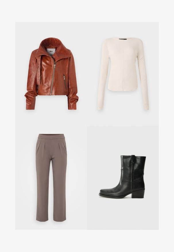 Rjava usnjena krajšana jakna z visokim ovratnikom, ki ima zadrgo in ukrivljen obliko. Gladka tekstura z akcentiranim kovinskim okovjem.; Dolga majica v svetlo bež barvi s okroglim izrezom. Narejena iz mehkega materiala, ima osrednji šiv in rahlo ukrivljen rob. Ni vidnih elementov.; Taupe hlače širokega kroja z elastičnim pasom in sprednjimi gubi, narejene iz gladkega materiala.; Črne usnjene gležnjarje z zaobljenim nosom, blok peto, stransko zadrgo in šivanjem na vampu. Gladka tekstura, klasična zasnova.