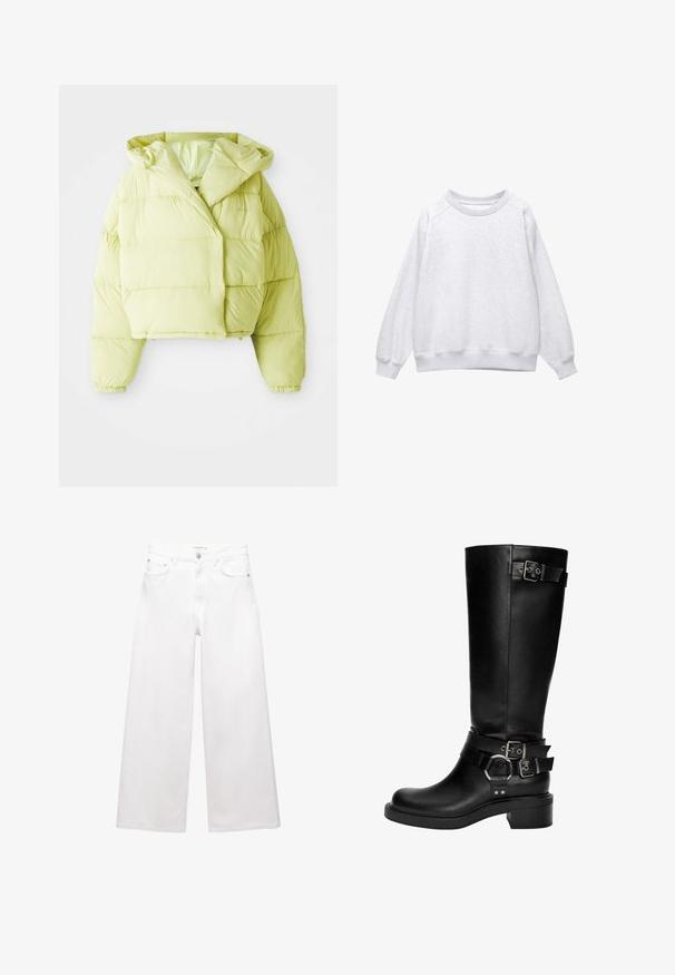 Giacca puffer cropped gialla chiara con cappuccio, dotata di sezioni trapuntate orizzontali, polsini elasticizzati e una texture liscia e lucida.; Felpa grigia chiara con colletto a giro e maniche lunghe, con polsini e orlo a costine, esposta piana su sfondo bianco.; Jeans bianchi a gamba larga in cotone, caratterizzati da un'alta vita, design a cinque tasche e dettagli in ottone. Texture liscia e non trattata.; Stivali alti neri in pelle fino al ginocchio con punta rotonda, tacco a blocco e numerose cinghie decorative con fibbie e accenti argentati.