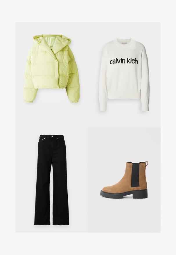 Lichtgele cropped pufferjas met een capuchon, met horizontaal gestikte delen, elastische manchetten en een gladde, glanzende textuur.; Witte gebreide trui met ronde hals en lange mouwen, voorzien van een zwart "calvin klein" logo over de borst. Zachte textuur, cropped snit.; Zwarte denim jeans met een hoge taille, brede pijpen, met een voorknop en ritssluiting, en een klassiek vijf-pocket ontwerp.; Bruine suède enkellaars met zwarte elastische zijpaneel, chunky zwarte zool, treklabel aan de achterkant en geperst "cK" logo nabij de enkel.