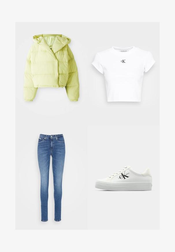 Svijetložuta skraćena puffer jakna s kapuljačom, koja ima horizontalne šavove, elastične manžete i glatku, sjajnu teksturu.; Bijela skraćena majica od rebrastog materijala. Ima okrugli izrez i kratke rukave. Crni izvezeni "cK" logo na prsima.; Tanke traperice u srednje plavoj boji, s visokim strukom, glatkom teksturom, dva prednja džepa i jednim stražnjim džepom.; Bijele platforme tenisice s glatkom sintetičkom gornjom površinom, toniranim vezicama i crnim logotipom. Povišeni gumenik sadrži horizontalne rebraste površine za bolju stabilnost.