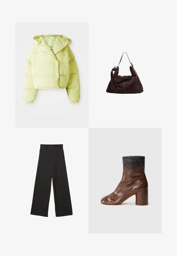 Lys gul cropped puffer-jakke med hætte, der har horisontale quiltede sektioner, elastiske manchetter og en glat, blank overflade.; Hvid oversized T-shirt lavet af blød bomuld. Har korte ærmer, en rund halsudskæring og en afslappet pasform uden synlige mønstre eller accenter.; Sorte brede bukser med høj elastisk talje, blødt stof og løs pasform, velegnede til afslappet tøj eller uformelle anledninger.; Brun læder ankelstøvle med rund tå, med en tekstureret overflade, en sort øverste del og en kraftig hæl. Lynlåslukning bagpå.; Mørkebrun ruskinds hobo skuldertaske med bred justerbar læderrem og blød, slaskende krop på hvid baggrund.