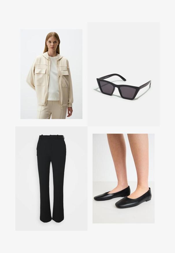 Beige gewatteerde jas met twee voorzakken, trekkoord aan de onderkant en zachte stof, gedragen over een lichte blouse en bijpassende broek.; Zwarte top met één schouder, gemaakt van zachte, rekbare stof met een aansluitend ontwerp en geplooide details aan de zijkant. Inclusief dunne verstelbare band.; Zwarte, op maat gemaakte broeken met een gladde afwerking, recht gesneden ontwerp en een tailleband. Beschikt over subtiele stikdetails en heeft geen zakken.; Zwarte ballerina's van soepel leer met een ronde neus en een lage, platte zool, met een slip-on ontwerp en zonder zichtbare hardware.; Zwarte, hoekige zonnebril met grijze lenzen; gemaakt van plastic, met dikke armen met een gladde oppervlakte en zonder zichtbare hardware.