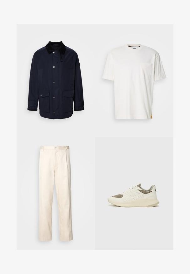 Tamsiai mėlyna striukė su velveteen apykakle, priekiniais snap užsegimais ir dviem didelėmis kišenėmis. Yra rankogalių detalės, suteikiančios struktūrizuotą siluetą.; Balta medvilnė t-shirt su apvalia iškirpte, trumpomis rankovėmis ir kišene kairėje krūtinės pusėje. Yra nedidelis logotipo ženkliukas ant šono siūlės.; Bežinės medvilninės kelnės su tiesiu kirpimu, turinčios mygtuko uždarymą ir priekyje raukšles papildomai dekoratyviam akcentui.; Baltas ir šviesiai bežinis sportinis kedas, su tinklo viršumi, perforuotais detalėmis ir tekstūruotu tarpine su logotipu ant kulno.