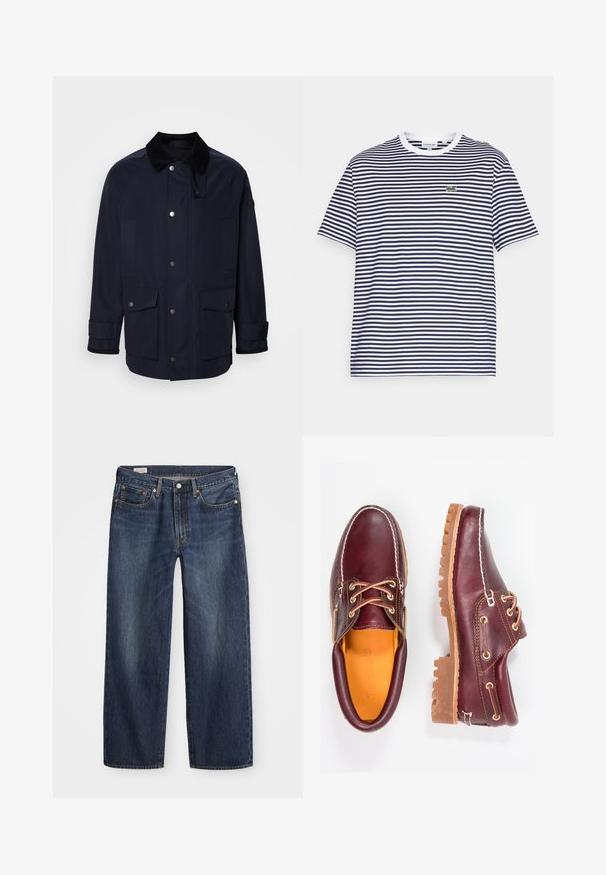 Granatowa kurtka z kołnierzem z sztruksu, z przodu zapinana na zatrzaski oraz posiadająca dwie duże kieszenie naszywane. Oferuje detale przy mankietach dla lepszego dopasowania.; Granatowo-biały w paski bawełnowy t-shirt z okrągłym dekoltem i krótkim rękawem. Posiada małe zielone logo krokodyla na piersi.; Granatowe dżinsy o prostym kroju nogawki, pięć kieszeni, metalowy guzik i zamek błyskawiczny oraz subtelne wzory przetarć.; Bordowe skórzane buty z brązowymi gumowymi podeszwami, okrągły czubek, białe przeszycia i złote oczka. Wnętrze posiada żółtą podszewkę.