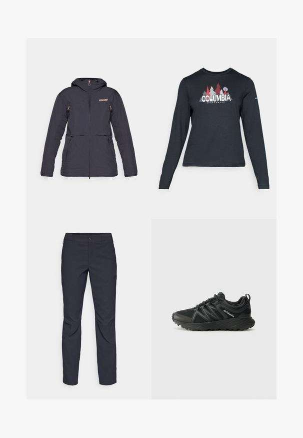Tumehall soe jakk, millel on lukuga sulgemine, kaks esipocketit, kapuuts ja peenelt tekstuuriga muster kangal.; Pikend varrukatega tumehall särk, millel on punaste puude ja mägede graafika; "COLUMBIA" logo julge valge tekstiga. Pehme kangas, tavaline ümmargune kaelus.; Tumedat sinised püksid sujuva kangaga, millel on esiääre nuppude sulgemine, kitsas lõige ja volditud detailid põlvede piirkonnas.; Columbia PEAKFREAK - Matkajalatsid - black