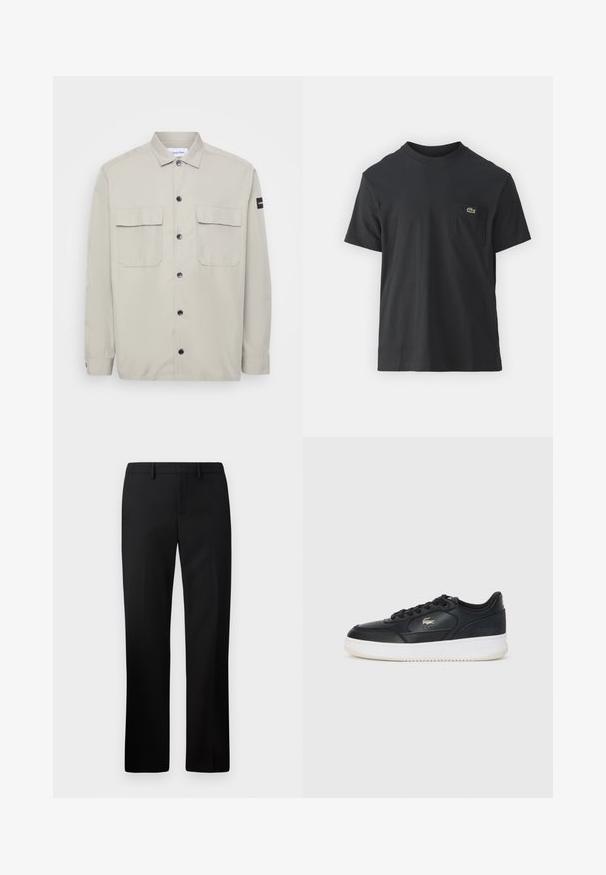 Calvin Klein Ľahká bunda - london fog; Čierne bavlnené tričko s krátkymi rukávmi, okrúhlym výstrihom a malým zeleným logom na ľavej náprsnej kapsičke. Jednoduchý dizajn, bežný strih.; Čierne elegantné nohavice so rovnými nohavicami, vyrobené z hladkej tkaniny. Súčasťou je plochý predný diel a pás so stredným vzostupom.; Čierne kožené tenisky s bielou podrážkou, s okrúhlou špičkou, šnurovací dizajn a jemné logo na boku. Štruktúrovaný vrch.