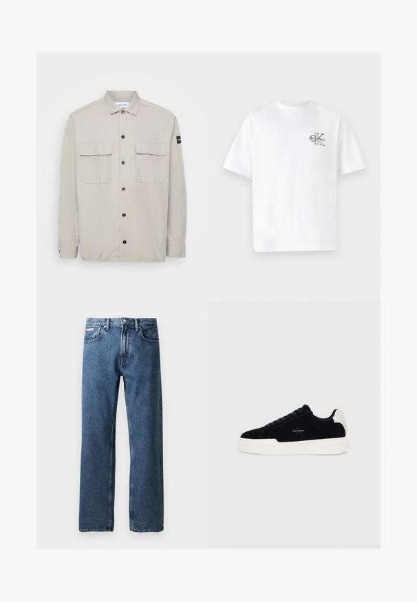 Calvin Klein Chaqueta de entretiempo - london fog; Camiseta blanca de algodón con mangas cortas, cuello redondo, que presenta un logotipo negro de CK en la parte izquierda del pecho, ajuste estándar, textura suave.; Vaqueros de mezclilla azul de pierna recta con cintura alta, cierre de botón y cremallera, bolsillos frontales y una pequeña etiqueta blanca de la marca en el bolsillo derecho.; Zapatilla negra de corte bajo con suela blanca y tab de talón, parte delantera con cordones y logo de Calvin Klein en el lateral.