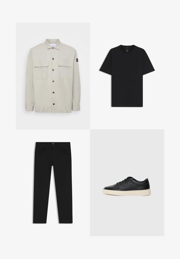 Calvin Klein Light jacket - london fog; Black short-sleeve T-shirt made from a smooth cotton blend, featuring a crew neckline and a minimalistic design with no patterns or accents.; Black denim trousers with a straight cut, featuring a standard waistband, five pockets, and a button closure. Smooth texture throughout.; Black low-top leather sneaker with black laces and off-white sole shown in side profile on white background.