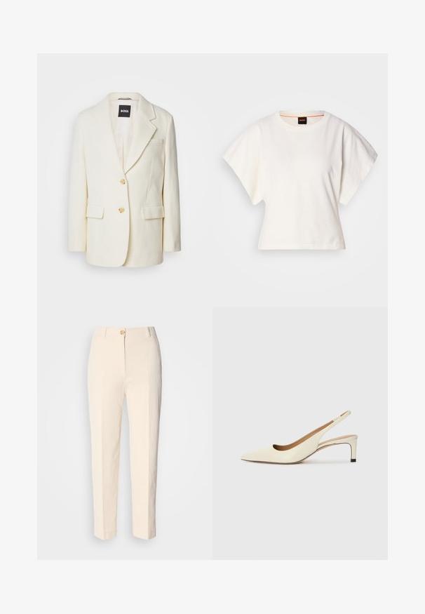 Balta žakete, izgatavota no teksturēta auduma, ar apgrieztām atlokām, divām priekšējām kabatām un zeltītām pogām. Vienkāršs, elegants dizains ar pieguļošu piegriezumu.; Balts īsais T-krekls, plašas īsas piedurknes, mīksts kokvilnas materiāls, apaļa kakla izgriezums ar delikātu oranžu apdari, minimāls dizains, bez rakstiem vai grafikām.; Krēma krāsas augstākā jostas līmeņa bikses, izgatavotas no teksturēta auduma. Tām ir aizdare priekšā ar pogu un sašaurināti kājām.; Asimtais pirksta siksnas kurpes off-white ādas, ar zemu papēdi un izgrieztu dizainu, gluda tekstūra un minimāli akcenti.
