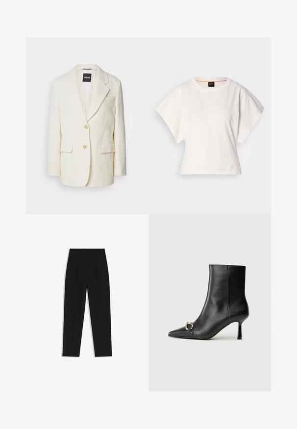 White blazer made from textured fabric, featuring a notched lapel, two front pockets, and gold buttons. Simple, elegant design with a tailored fit.; White cropped T-shirt, short wide sleeves, soft cotton material, round neckline with subtle orange trim, minimal design, no patterns or graphics.; Black trousers with a straight fit, featuring double pleats, a smooth texture, and a classic waistband design. No visible hardware or accents.; Black leather ankle boot with pointed toe, slim mid-height heel, and silver buckle detail on side against plain background.