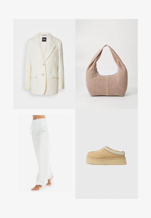 Valkoinen bleiseri, joka on valmistettu tekstuuripinnoitteisesta kankaasta, jossa on lovettu kaulus, kaksi etutaskua ja kultaiset napit. Yksinkertainen, tyylikäs muotoilu, jossa on istuva malli.; Valkoinen hihaton toppi, jossa on säädettävät olkaimet, istuva muotoilu, sileä kankaan rakenne ja pyöreä kaula-aukko. Ei kuvioita tai metalliosia.; Valkoiset, väljät housut, joissa on kokoontaitettava vyötärö ja naru. Sileä pinta, jossa on sivusaumat, suunniteltu mukavuutta ja liikkuvuutta ajatellen.; Vaaleanruskeat mokka-slip-on-kengät, joissa on pehmustettu kaulus ja teksturoitu vaaleansininen yksityiskohta. Ominaisuuksiin kuuluu paksu, kestävä pohja, jossa on kuvioitu kulutuspinta.; Matkakassi, joka on valmistettu pehmeästä, mokkanahasta vaaleanbeigessä värissä. Ominaisuuksiin kuuluu pyöreä muoto, leveä hihna ja vetoketjukiinnitys.