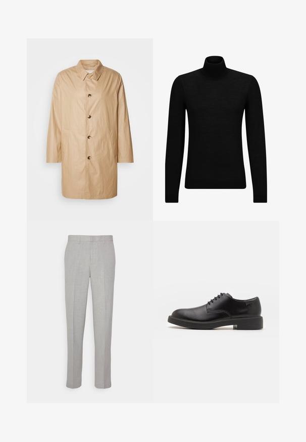 Cappotto beige di lunghezza media realizzato in tessuto leggero, con taglio dritto, chiusura a bottoni, colletto a punta e tasche laterali.; Maglione a collo alto nero realizzato in materiale morbido, con maniche lunghe e vestibilità aderente. Bordo a coste all'orlo e ai polsini. Design semplice.; Pantaloni grigi chiari con una texture liscia, frontale piatto e gambe dritte. Realizzati in tessuto traspirante, dotati di tasche interne e passanti per cintura.; Scarpa nera in pelle con lacci, punta tonda, texture liscia, cuciture minime e tacco in gomma basso. Logo sul tacco.