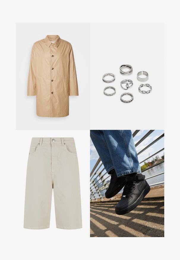 Beige, middellang jasje gemaakt van lichte stof met een rechte snit, knoopsluiting, puntige kraag en zijzakken.; Witte t-shirt met korte mouwen van katoen, met een ronde hals en een relaxte fit met rechte zoom. Geen patronen of versieringen.; Beige denim shorts met een rechte snit, een sluiting met een knop aan de voorkant en vier zakken. De stof heeft een gladde textuur en minimale stikseldetails.; Zwarte Nike Air Force 1 sneakers met leren bovenkant, mesh tong en rubberen zool, met een high-top ontwerp en dikke veters.; Set van zeven zilveren ringen met verschillende ontwerpen, waaronder gedraaide, verbonden en gegraveerde patronen. Verschillende vormen en breedtes.