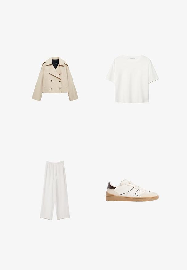 Bežna kratka dvoredna jakna iz mešanice bombaža, ki ima široke reverje, dva sprednja žepa in gumbaste detajle spredaj.; Bela kratka majica s kratkimi rokavi iz bombaža. Ima okroglo izrezovanje in sproščen kroj. Gladka tekstura brez vidnih vzorcev ali poudarkov.; Bele široke hlače iz lahkega materiala. Imajo elastičen pas s vrvico in stranske žepe. Gladka tekstura.; Stradivarius Športni copati - white