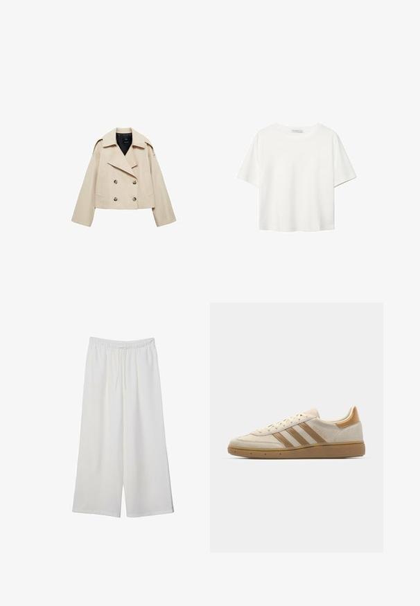 Vaalean beige rajattu kaksirivinen takki, joka on valmistettu puuvillasekoitteesta. Takissa on suuri kaulus, kaksi etutaskua ja napitusyksityiskohtia edessä.; Valkoinen lyhythihainen T-paita, joka on tehty puuvillasta. Siinä on pyöreä kaula-aukko ja rento malli. Silkkinen pinta ilman näkyviä kuvioita tai koristeita.; Valkoiset leveälahkeiset housut, jotka on valmistettu kevyestä kankaasta. Niissä on joustava vyötärö ja nauha säädettävää istuvuutta varten. Sileä pinta.; Beige mokkanen kengät, joissa on vaaleanruskeita yksityiskohtia. Varustettu kolmella ruskealla raidalla, tekstuurilla varustetulla kumipohjalla ja pyöristetyllä kärjellä.