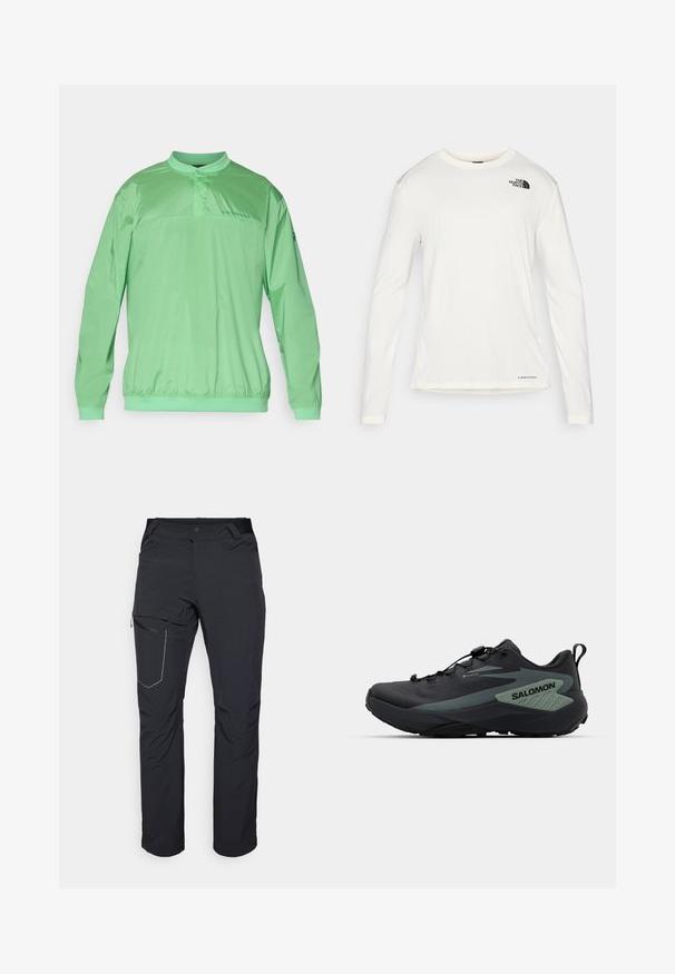 Svetlozelený pulóverový kabát s mandarinovým golierom, elastickým pásom, dlhými rukávmi a značením na hrudníku. Hladká, ľahká tkanina.; Biela košeľa s dlhým rukávom a okrúhlym výstrihom, textúrovaná látka, čierne logo na ľavom pleci a nenápadné značkovanie na spodnej časti.; Čierne vonkajšie nohavice s vreckom na stehne so zipsom, elastickým pásom a hladkým, vodoodolným materiálom. Čistý dizajn bez viditeľných log. ; Čierna bežecká obuv so syntetickým zvrškom, s textúrovaným dizajnom, sivými akcentmi a gumovou podrážkou s podrobným vzorom.
