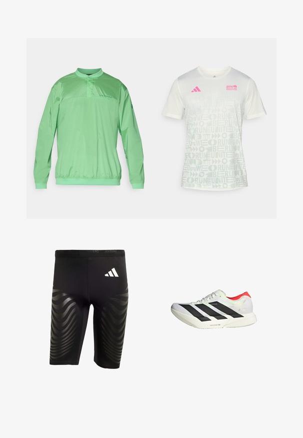Svijetlozeleni pulover jakna s mandarin ovratnikom, elastičnim pojasom, dugim rukavima i brendom na prsima. Glatka, lagana tkanina.; adidas Performance BER25 AOP TEE - Sportska majica - crystal jade; Crne atletske kratke hlače s rastezljivim krojem, s sjajnim valovitim uzorkom sa strane i bijelim logotipom na pojasu.; Bijela atletska cipela s crnim dijagonalnim prugama, crvenim naglascima na peti i teksturiranim gornjim dijelom; sadrži LIGHTSTRIKE PRO amortizaciju.