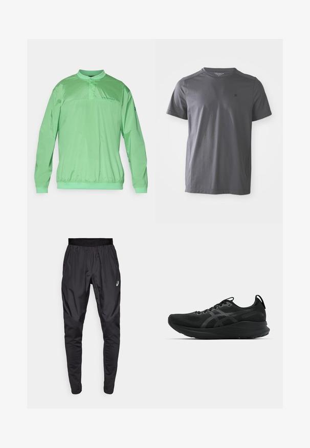 Light green pullover jacket with a mandarin collar, elastic waistband, long sleeves, and branding on the chest. Smooth, lightweight fabric.; Dark gray short-sleeve crew neck t-shirt with small logo on left chest, displayed against a white background.; Black athletic pants with a stretchy waistband, side pockets, and contrasting texture panels on the legs. Asics logo on the hip.; Black athletic shoe with a mesh upper, lace-up design, reinforced heel, and textured sole. Features subtle reflective logo accents.