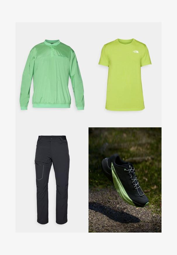 Gaiši zaļš pulovers ar mandarīnu apkakli, elastīgu jostasvietu, garām piedurknēm un apdruku uz krūtīm. Gluda, viegla auduma.; Lime zaļš īsām piedurknēm T-krekls, kas izgatavots no mitrumu noturoša auduma, ar mazu baltu logotipu kreisajā krūtī un apaļu kakla izgriezumu.; Melni āra bikses ar rāvējslēdzēja sānu kabatu, elastīgu jostasvietu un gludu, ūdensizturīgu audumu. Tīra dizaina bez redzamām emblēmām.; Melna sporta kurpe ar tekstūrētu virsmu un zaļiem akcentiem. Iezīmējas ar vieglu konstrukciju un unikālu, rakstainu zoli, kas nodrošina saķeri.