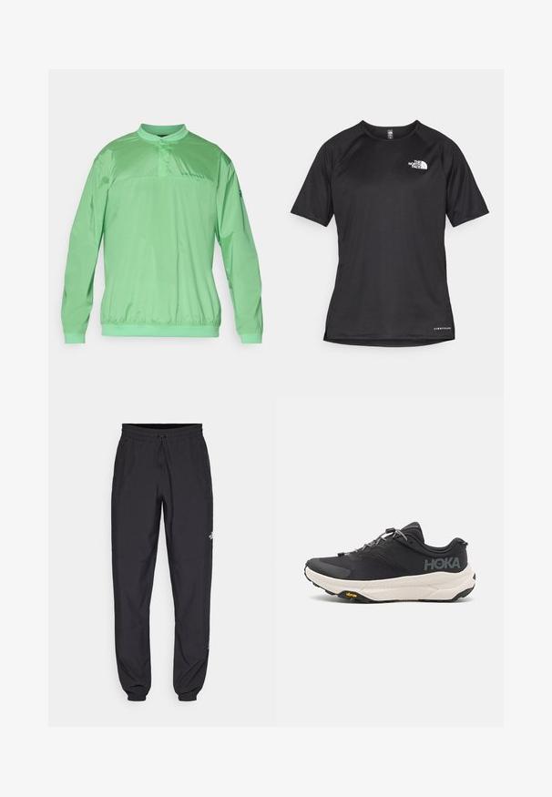 Veste pull verte clair avec col mandarin, taille élastique, manches longues et logo sur la poitrine. Tissu lisse et léger.; T-shirt de sport noir à manches courtes avec un tissu texturé, arborant un logo blanc sur la poitrine gauche et un ourlet droit.; Pantalon de sport noir en tissu léger, avec une taille à cordon, des poches latérales et des chevilles resserrées.; Chaussure de sport noire avec un dessus texturé, accents gris, détails réfléchissants et une semelle blanche épaisse arborant la marque Vibram.