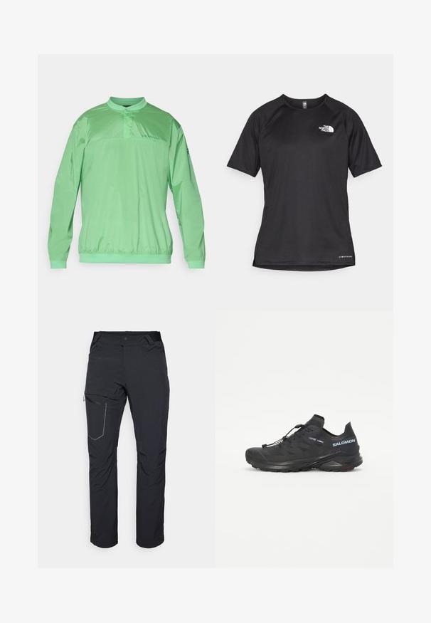 Casaco pullover verde claro com colarinho mandarim, cintura elástica, mangas longas e logótipo no peito. Tecido leve e suave.; Camisa atlética preta de manga curta com um tecido texturizado, apresentando um logotipo branco no peito esquerdo e uma bainha reta.; Calças de exterior pretas com um bolso com fecho na coxa, cintura elástica e tecido liso e resistente à água. Design limpo, sem logótipos visíveis.; Sapatilha de trail running preta com um upper texturizado, atacadores elásticos e sola Contagrip. Apresenta um ajuste confortável e uma biqueira protetora.