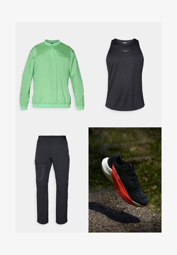 Lichtgroene pulloverjack met een Mandarin-kraag, elastische tailleband, lange mouwen en merklogo op de borst. Gladde, lichte stof.; Zwarte mouwloze sporttanktop van ademend materiaal, met een ronde halslijn en een reflecterend logo-accent op de borst.; Zwarte outdoorbroeken met een ritszak op de dij, een elastische tailleband en glad, waterafstotend materiaal. Schoon ontwerp zonder zichtbare logo's.; Zwarte hardloopschoenen met rode accentueringen, lichte mesh bovenkant, gestructureerde witte zool en vetersysteem. Ontworpen voor prestaties en comfort.