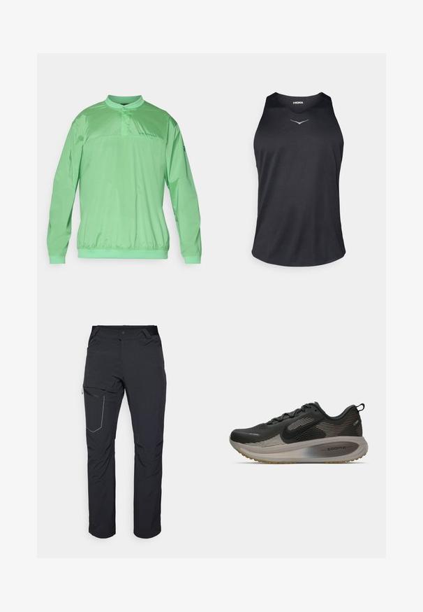 Šviesiai žalias puloveris su mandarinio tipo apykakle, elastinga juostos juosta, ilgomis rankovėmis ir prekės ženklu ant krūtinės. Lygus, lengvas audinys.; Juodas be rankovių sportinis marškinėlis, pagamintas iš kvėpuojančios medžiagos, su apvaliu kaklo iškirpimu ir atspindinčiu logotipo akcentu ant krūtinės.; Juodos lauko kelnės su užtrauktuku šlaunies kišenėje, elastinga juosmeniu ir lygiu, vandens nepraleidžiančiu audiniu. Tinkama dizaino forma be matomų logotipų.; Juoda bėgimo bateliai su tinklinio audinio viršumi, atspindinčiais akcentais ir ZoomX amortizacija. Turi tekstūruotą pado dizainą, užtikrinantį sukibimą. Sumažinta forma.