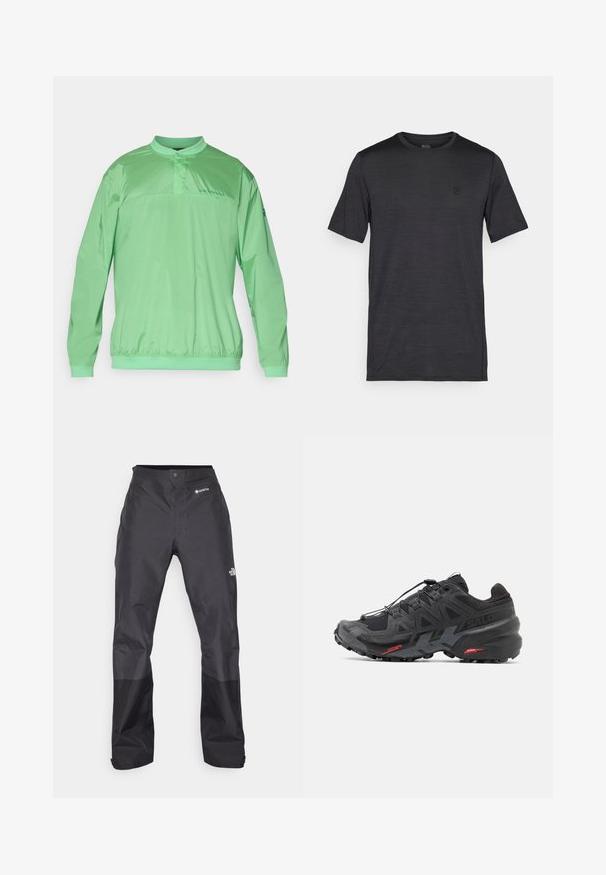 Giacca pullover verde chiaro con colletto alla cinese, vita elastica, maniche lunghe e logo sul petto. Tessuto liscio e leggero.; Maglietta nera a maniche corte realizzata in tessuto leggero e morbido. Presenta un collo tondo e un logo ricamato sul petto.; Pantaloni impermeabili neri con una texture liscia, dotati di un logo GORE-TEX sulla parte anteriore e rinforzi sulle gambe inferiori per una maggiore durata.; Scarpa da corsa nera con tomaia sintetica, design testurizzato e accenti rossi a contrasto. Presenta un sistema di lacci sicuro e una suola robusta.
