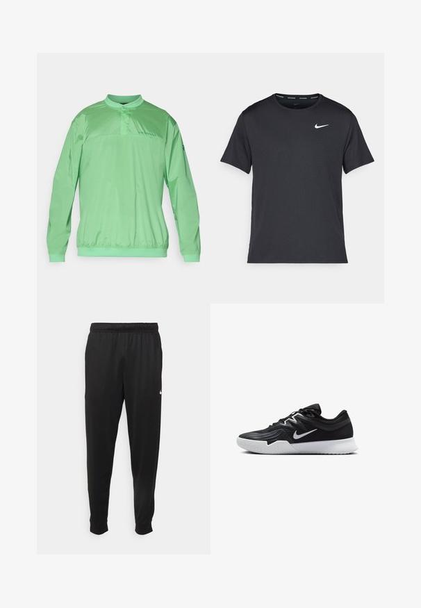 Světle zelený svetr s mandarínovým límcem, elastickým pasem, dlouhými rukávy a brandingem na hrudi. Hladká, lehká tkanina.; Černé běžecké tričko Nike vyrobené z lehkého a prodyšného materiálu, s krátkými rukávy a malým bílým logem na hrudi.; Černé sportovní kalhoty vyrobené z hladké tkaniny, s elastickým pasem, zúženými nohavicemi a malým bílým logem na levé straně.; Černá atletická bota s texturovaným svrškem, bílým logem Nike a bílou gumovou podrážkou. Disponuje šněrovacím designem a dynamickým tvarem.