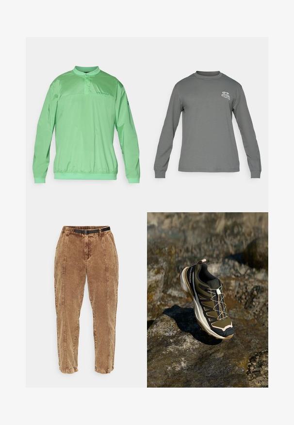 Light green pullover jacket with a mandarin collar, elastic waistband, long sleeves, and branding on the chest. Smooth, lightweight fabric.; Long-sleeve shirt in gray fabric, featuring a crew neck and a white graphic logo on the left chest. Smooth texture and simple design.; Brown corduroy pants with a textured surface, featuring a black adjustable belt, side pockets, and a relaxed fit. Pants taper toward the ankles.; Hiking shoe in olive green and black with pink accents. Features a textured upper, flexible sole, reinforced toe cap, and colorful lacing system.
